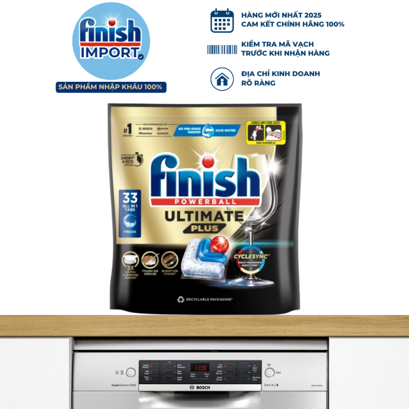 Túi 33 viên Finish Ultimate Plus 2025 hương Soda, chuẩn châu Âu, siêu cao cấp, 14x tính năng/viên, dùng cho máy rửa chén 13-15 bộ